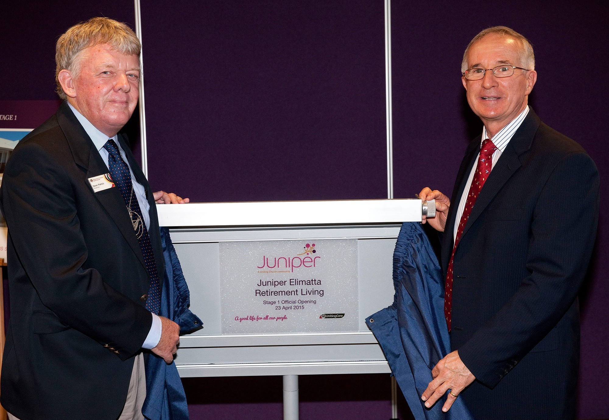 <p>Uniting Church in WA Moderator Rev Steve Francis and Juniper Board Chair Fred Boshart officially open Juniper Elimatta retirement living Stage 1</p>

