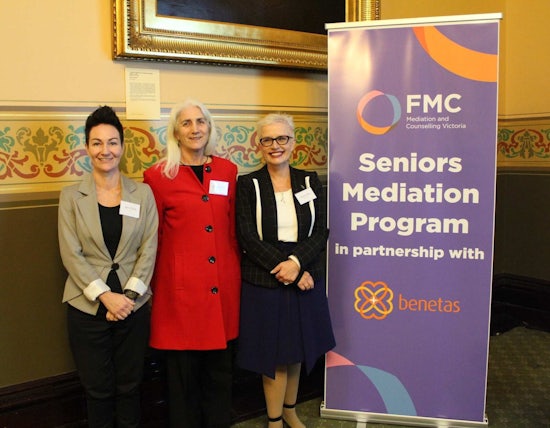 <p>From left to right: Kim O'Neill, FMC chief executive; Jenny Blakey, manager of Seniors Rights Victoria; and Sandra Hills, Benetas chief executive at the launch of the Seniors Mediation Program.</p>