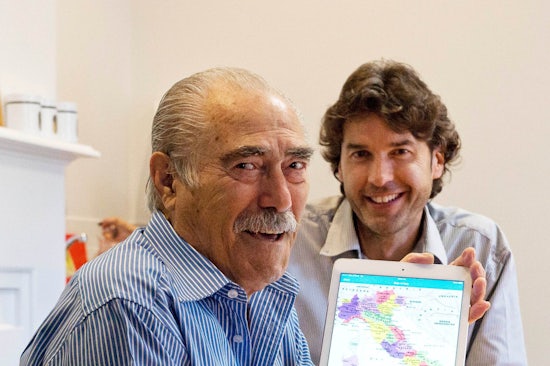 <p>Resthaven client, Theodore Sabatini, assisted by Resthaven Western Community Services manager, Franco Parenti, to use the ‘Ciao’ App.</p>
