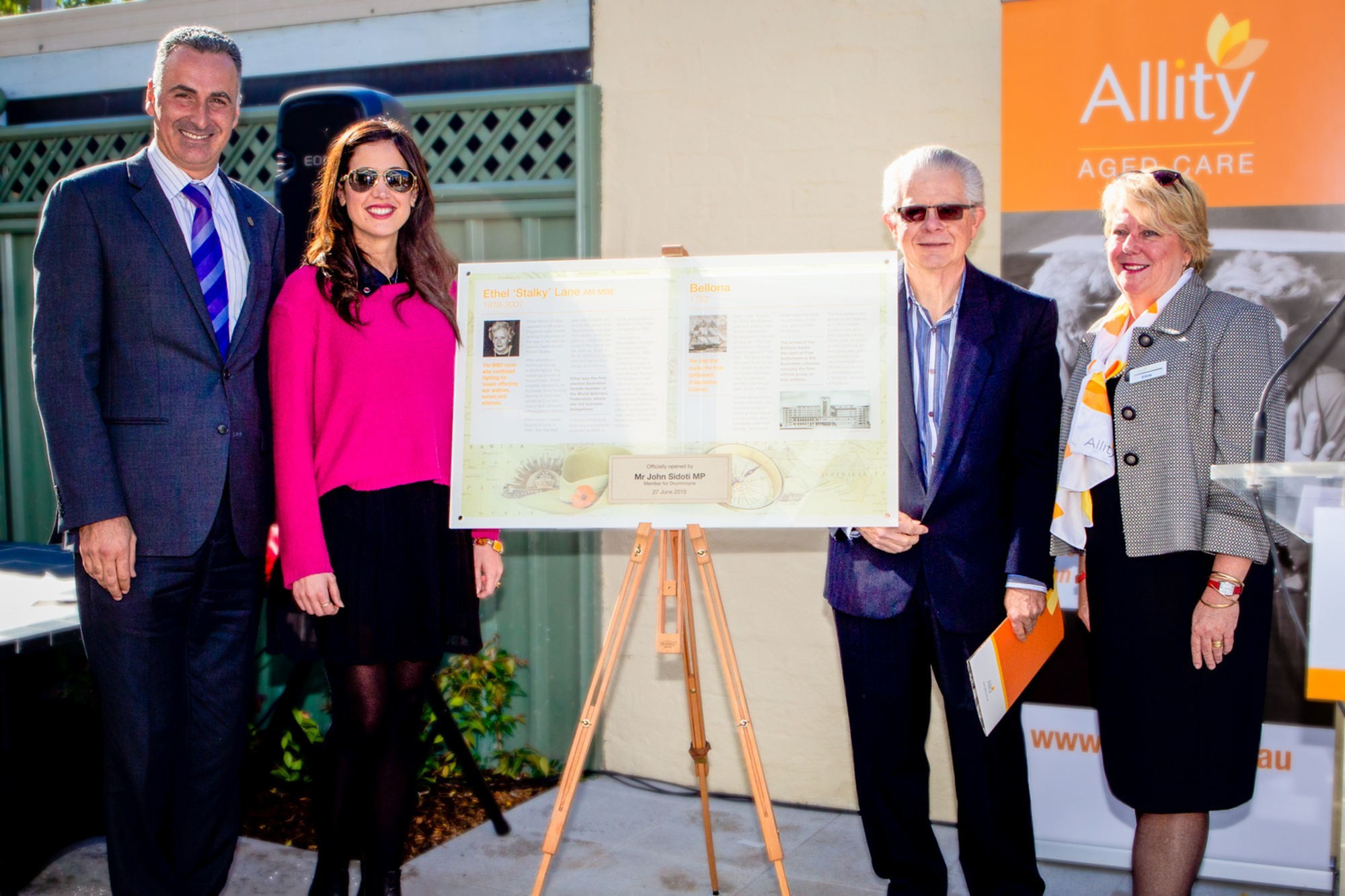 <p>Left to Right: John Sidoti MP Drummoyne; Amanda (Ethel's granddaughter) and Ray Lane (Ethel's son); and Erin Sharp, Redleaf Manor Aged Care general manager.</p>

