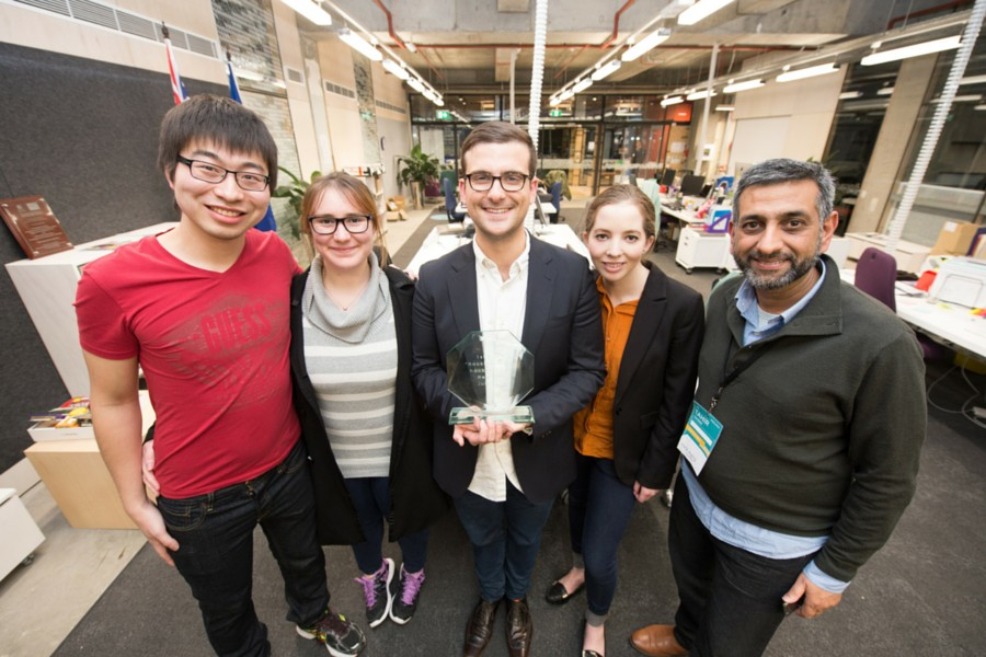 <p>TeleXHealth’s Bob Zhou, Lisa Corcoran, Andreas Limberopoulos, Rebecca Martin, and Tahir Tanveer.</p>
