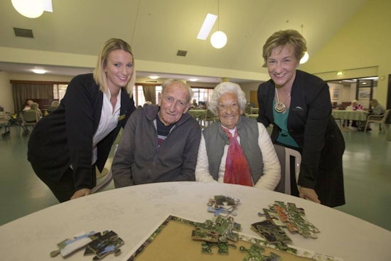<p>Pictured left is Wellbeing Day Centre attendant, Kylie Rogers, with residents Ron Honeybrook and Dawn Caitlin, and relationship manager for SummitCare Home Care, Margaret Russell.</p>
