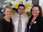 Recent Graduate Personal Care Worker Bharat Kundra withClinical Nurse Educators Margaret Ann Shelvin (L) and Kylie Natadra (R).