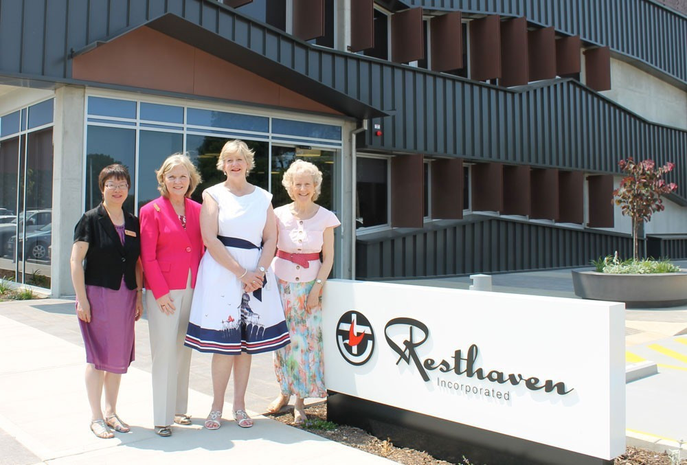 <p>Assoc Prof Lily Xiao from Flinders University, Prof Mary Palmer, Sue McKechnie, executive manager Resthaven Community Services and Assoc Prof Ann Harrington outside Resthaven’s new Head Office.</p>
