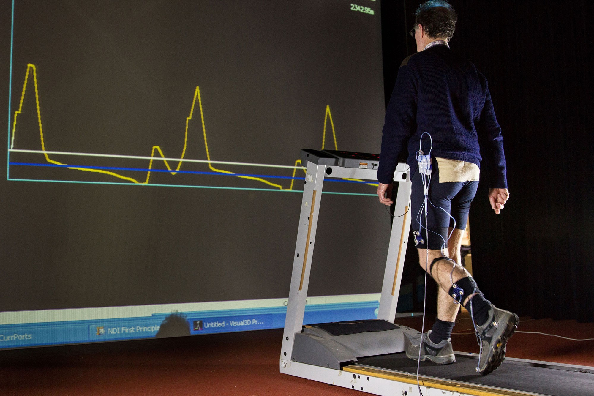 <p>A pilot study shows that patients who are able to view their foot motion while walking on a treadmill can learn to increase their toe-ground clearance.</p>
