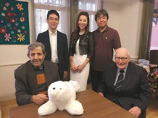 <p>Bottom L-R: Dementia residents Marcos and Keith, Top L-R: Yuji Miyoshi, GM Kowa Australia (PARO distributor), Christina Chia, EO Royal Freemasons, Prof. Takanori Shibata, inventor of PARO.</p>
