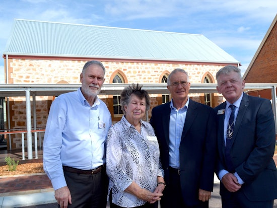 <p>Juniper Chief Executive Vaughan Harding, Northam local resident Elder Laura Fox and Juniper Board Chair Fred Boshart with Moderator Rev Steve Francis outside the restored Uniting Church Hall</p>
