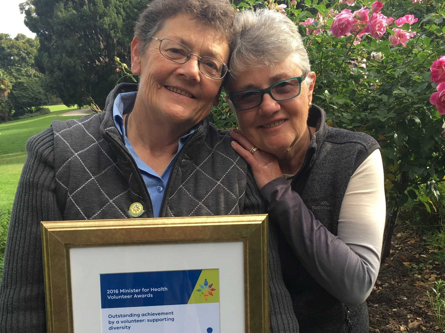 <p>Edie Mayhew (left) and Anne Tudor (right) received a Volunteer Award for their work for Alzheimer's Australia Vic.</p>
