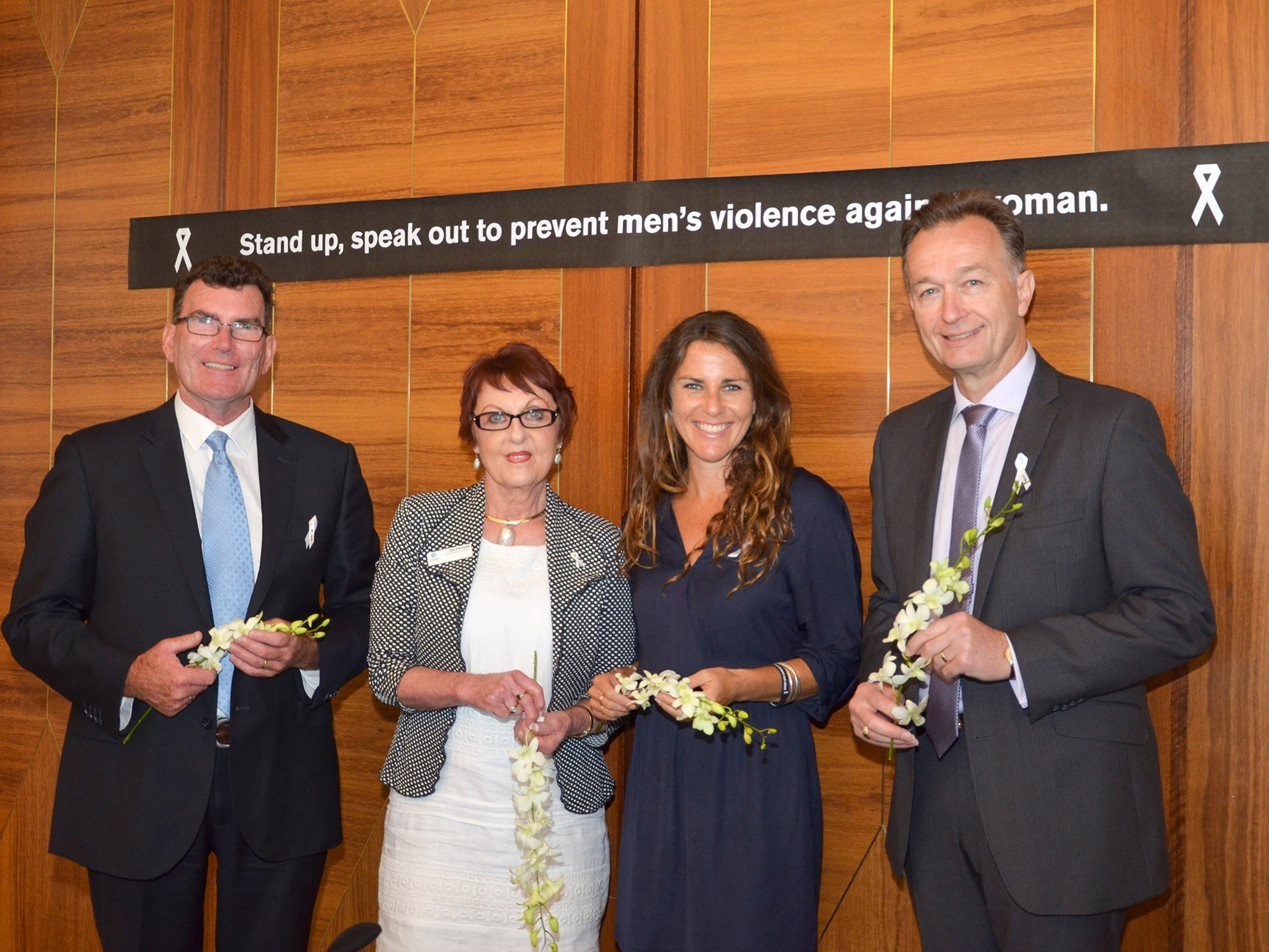 <p>Pictured from left: SCCV White Ribbon Ambassador Gavan Leonard, former SCCV CEO Jan Horsnell, guest speaker Jules Allen and SCCV Chairman Greg van Mourik, at a White Ribbon event.</p>
