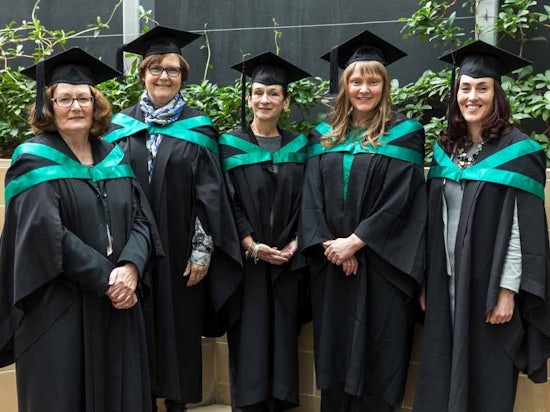 <p>Pictured from left: Bachelor of Dementia Care graduates Suzanne Teague, Jillian Chisolm, Marcia Penn, Melisa Sincock, Evthoxia Lynch, (absent Janet Siversen).</p>
