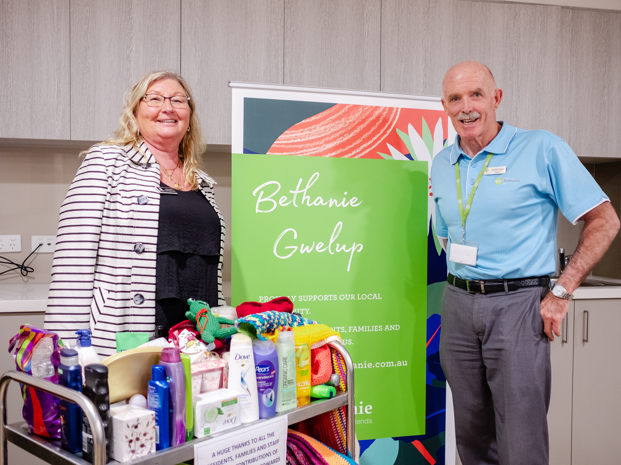 <p>Debra Hack & James Goss handing over the donations collected by Bethanie staff and residents (Source: Bethanie)</p>
