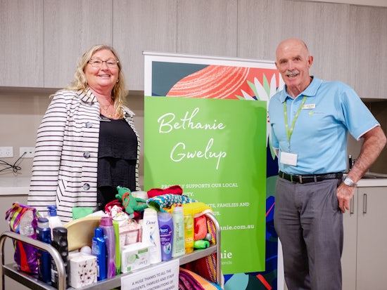 <p>Debra Hack & James Goss handing over the donations collected by Bethanie staff and residents (Source: Bethanie)</p>
