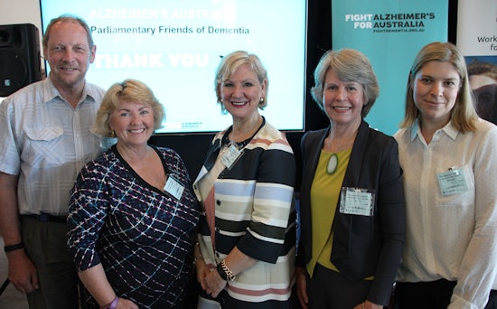 <p>Consumers Conny and Brian Gard, Alzheimer’s Australia National CEO Maree McCabe, Dr Jane Thompson (NHMRC National Institute or Dementia Research) and Dr Kate Laver (NHMRC CDPC)</p>

