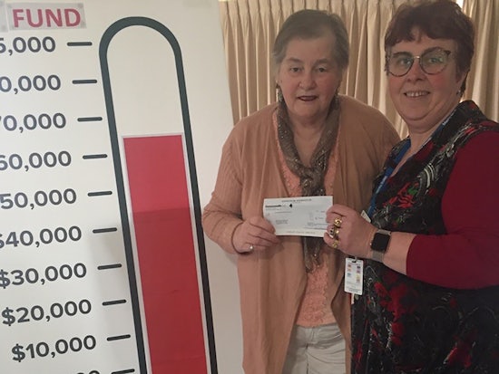 <p>Angela Marchant and Laura Vagg standing beside the Mercy Place fundraising thermometer (Source: Mercy Health)</p>
