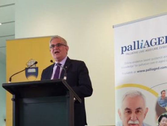 <p>Federal Minister for Aged Care The Hon. Ken Wyatt launching the new PalliAGED online resource at Parliament House (Source: Flinders University)</p>

