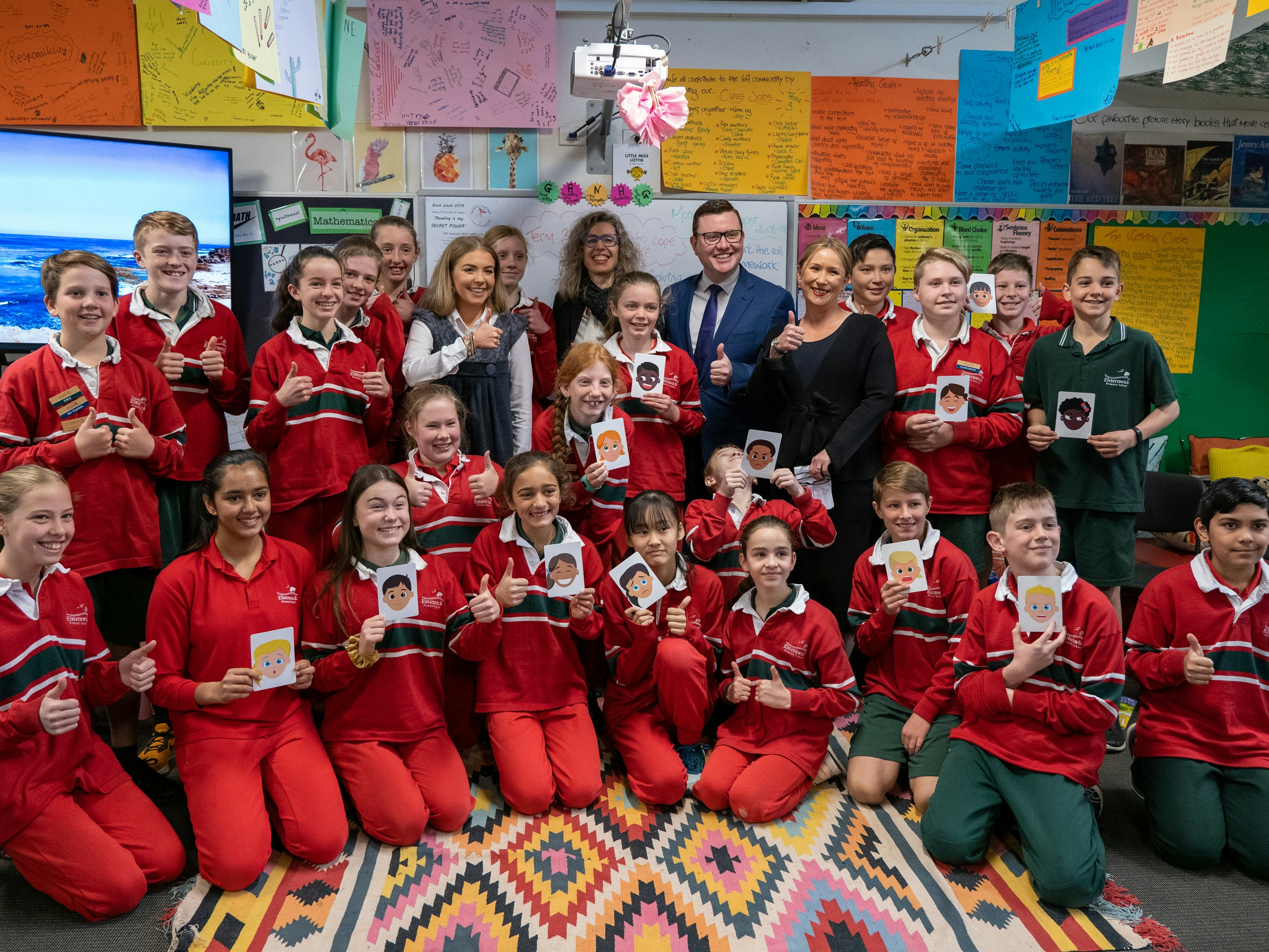 Teachers and students from Elsternwick Primary, Professor Nicole Reinhart and Mr Tim Richardson MP excited to launch AllPlay Learn for all public schools in Victoria [Source: Supplied]
