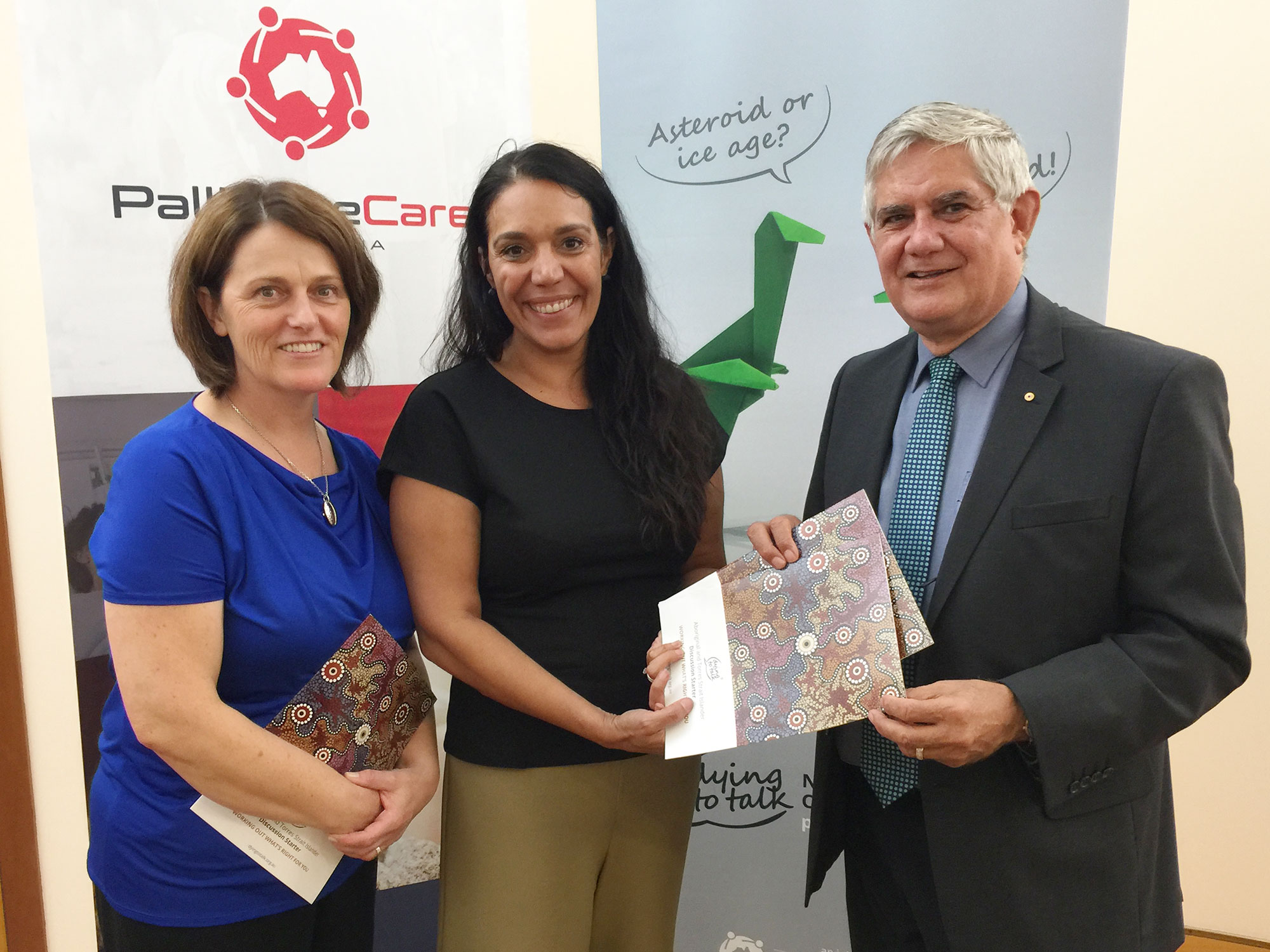 <p>L-R: Liz Callaghan, CEO Palliative Care Australia; Janine Mohamed, CEO CATSINaM; Ken Wyatt MP, Minister for Indigenous Health</p>
