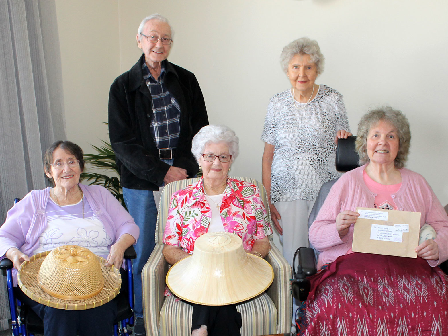 <p>Resthaven residents in the Pen Pal Program – from left to right – Back Row: Roger Cardwell and Noreen Bray, Front Row: Judith Billing, Shirley Kanally and Caryl Brown </p>
