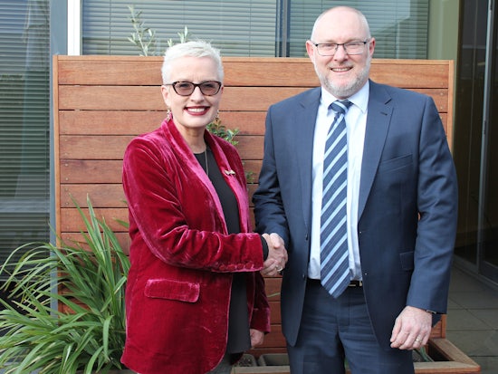 <p>Sandra Hills, CEO of Benetas and Don Tidbury, former CEO Macedon Ranges Health welcoming the official amalgamation of the two organisations (Source: Benetas)</p>

