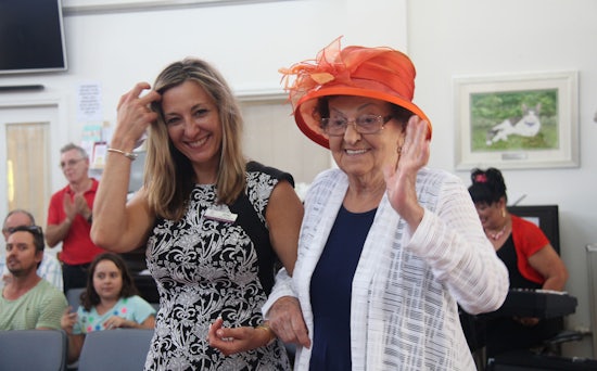 <p>Resident Ellen Harris (91, pictered right) was accompanied down the catwalk by St Andrews General Manager Rene Huysamen</p>
