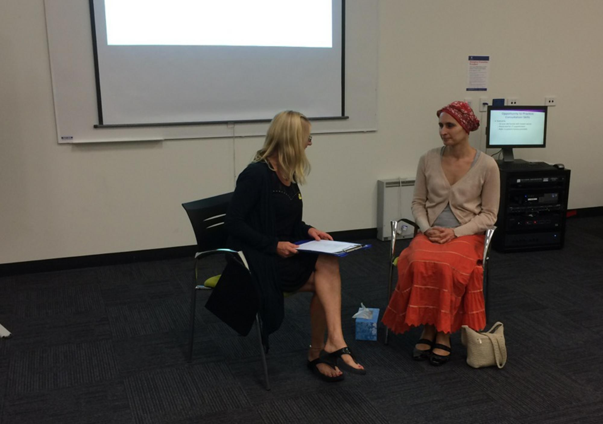 <p>Actress Veronica Porcaro, right, with radiation therapist, Tania Perry.</p>
