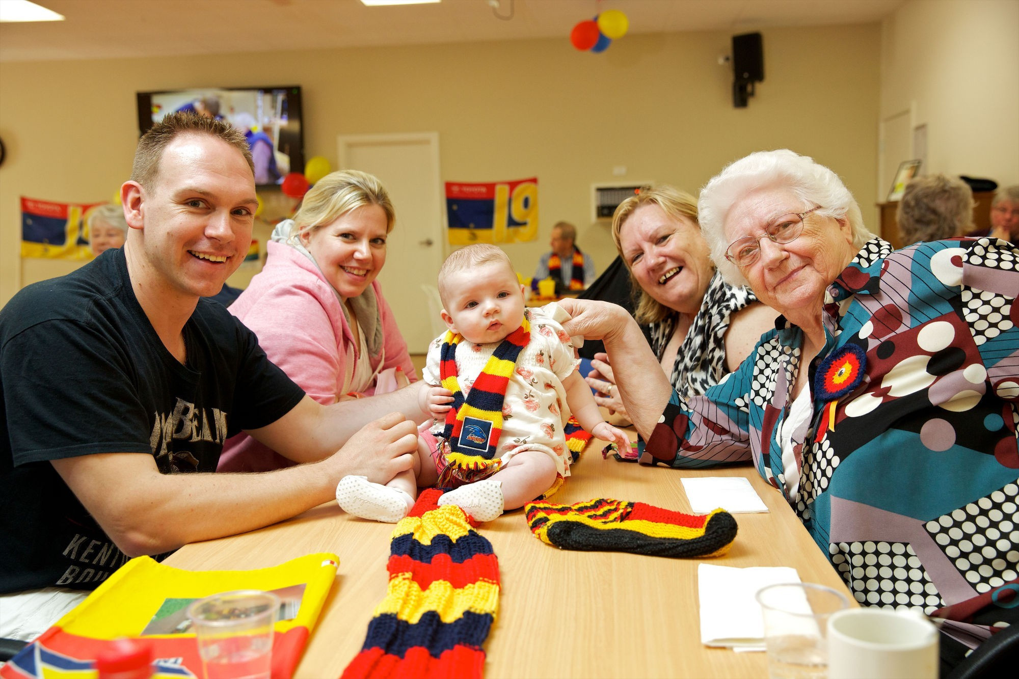 <p>Resident Ruth Cadd (right) with great granddaughter, Matilda, and family members (from left) Haimish Whittington, Victoria Witton and Susan McBain.</p>
