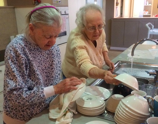 <p>Palm Court residents get their daily functional exercise by washing dishes, as part of the Alzheimer's Queensland's falls prevention program.</p>
