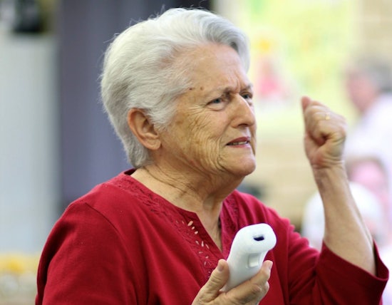 <p>Amana Living Bull Creek (Frederick Guest Village), Margaret Platt, looking determined in the Amana Living Wii World Cup.</p>
