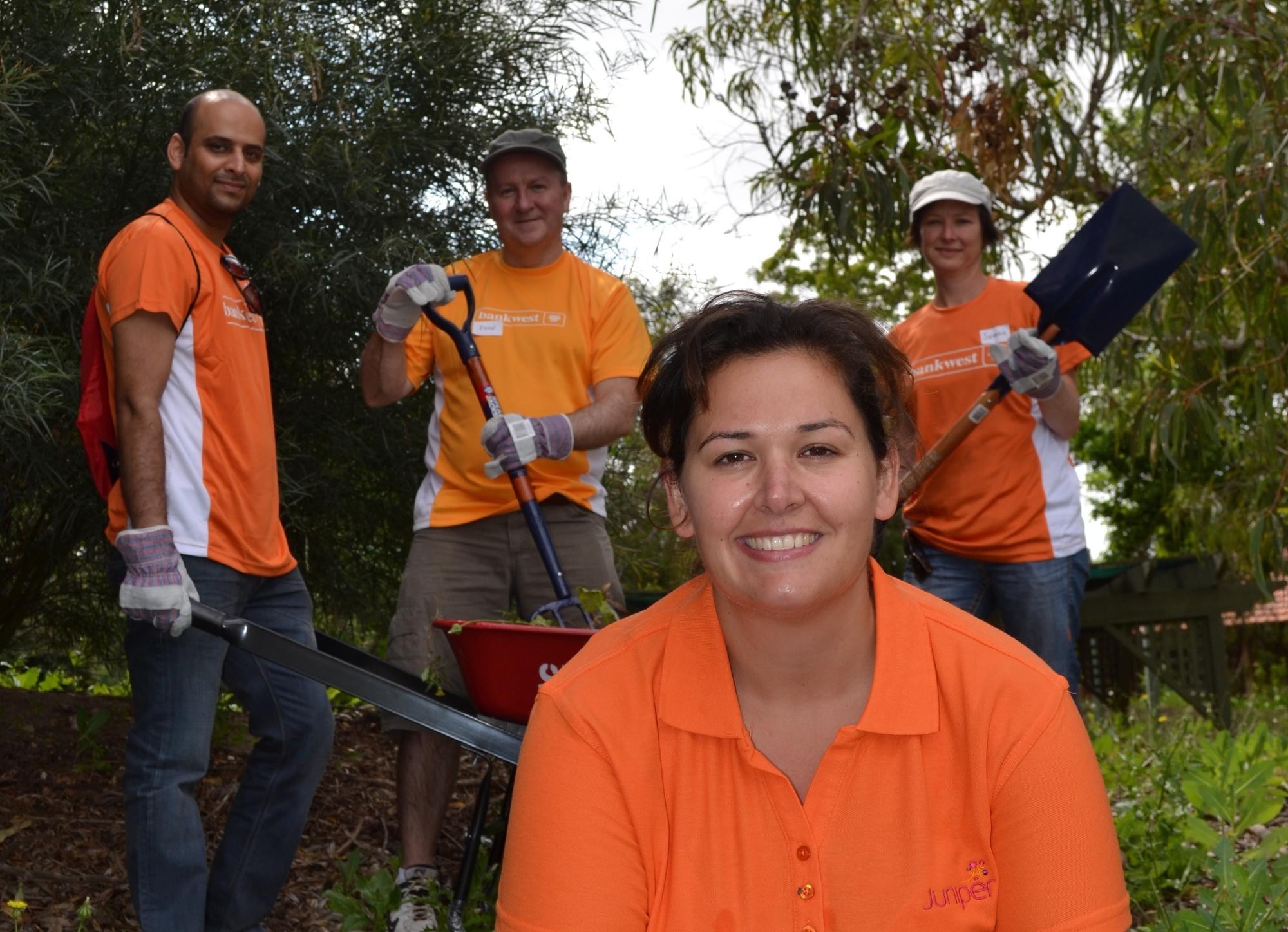 <p>Juniper’s Volunteer Program coordinator, Verity Quill (front), with Bankwest volunteers Ujjwal Sharma, John Williams and Jasmine Rodet at Juniper Rowethorpe in Bentley.</p>
