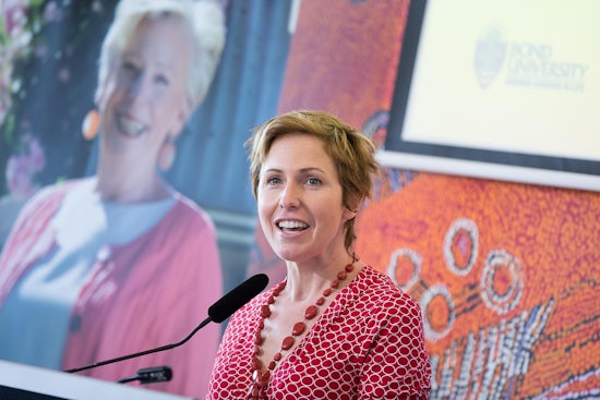 <p>Bond PhD student, Cherie Hugo, speaks at the Bond University event last week about her new research into aged care nutrition, with well known chef, Maggie Beer, pictured in the background.</p>
