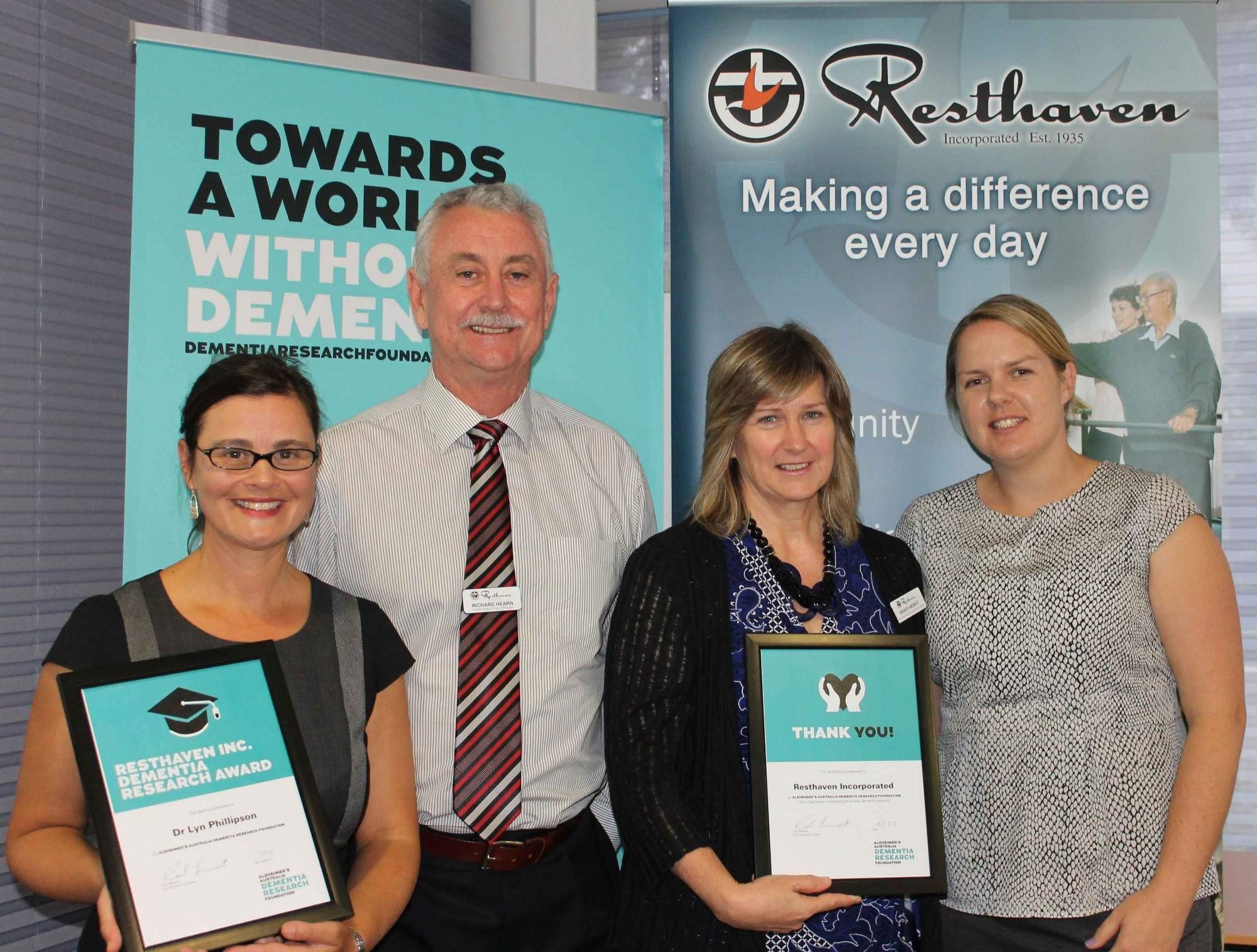 <p>L-R: Researcher, Dr Lyn Phillipson; Resthaven chief executive, Richard Hearn; Resthaven executive manager workforce development, Wendy Morey; and Alzheimer's Australia's, Dr Alison Kevan.</p>
