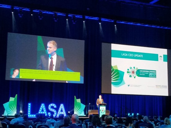<p>LASA CEO Sean Rooney making some big announcements at day two of the 2017 LASA National Congress (Source: Talking Aged Care)</p>
