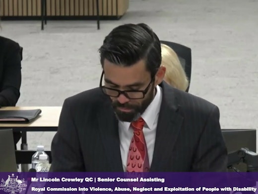 Senior Counsel Assisting Lincoln Crowley speaks at the Disability Royal Commission‘s eighth public hearing in Brisbane [Source: Disability RC]