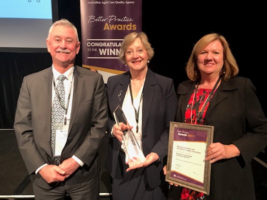 <p>Resthaven Chief Executive Officer Richard Hearn with Sue McKechnie and Lynn Openshaw at the awards presentation in Sydney (Source: Resthaven)</p>
