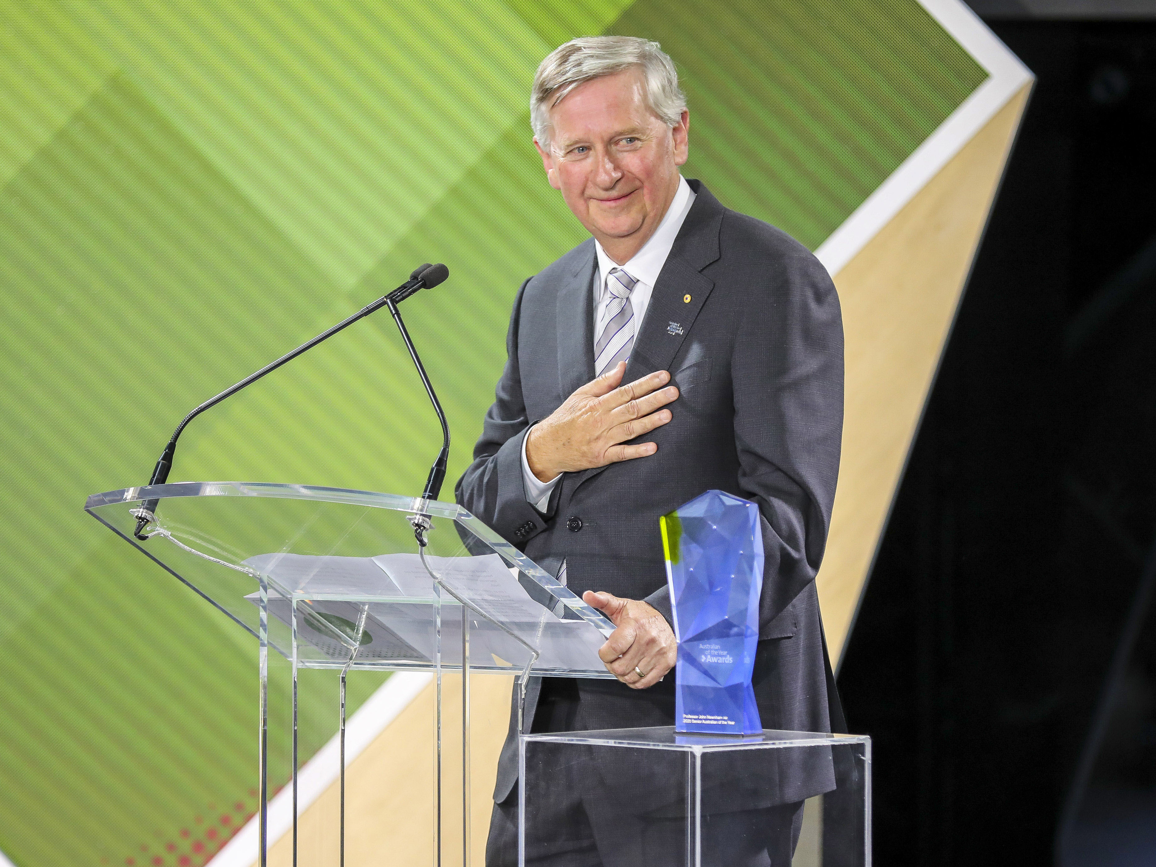 <p>Professor John Newnham AM receiving his 2020 Senior Australian of the Year award. [Source: NADC-Salty Dingo 2020, Australian Of the Year Awards]</p>
