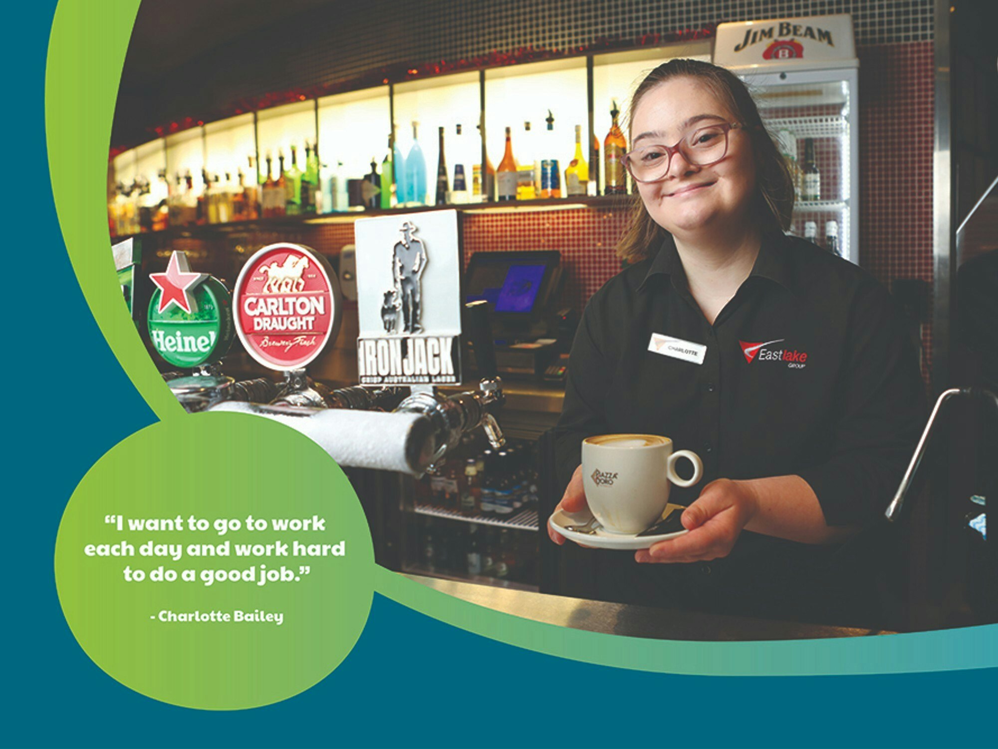 ACT Down Syndrome Association&#8217;s Charlotte Bailey is part of a campaign raising awareness of people with Down syndrome working in open employment. [Source: Down Syndrome Australia]

