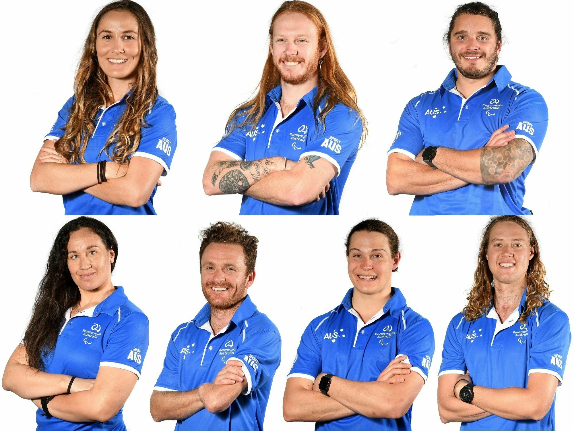 Australia&#8217;s Winter Paralympic team, from top left; Rae Anderson, Patrick Jensen, Sam Tait, bottom row from left; Melissa Perrine, Mitchell Gourley, Ben Tudhope, Josh Hanlon. [Source: Supplied]
