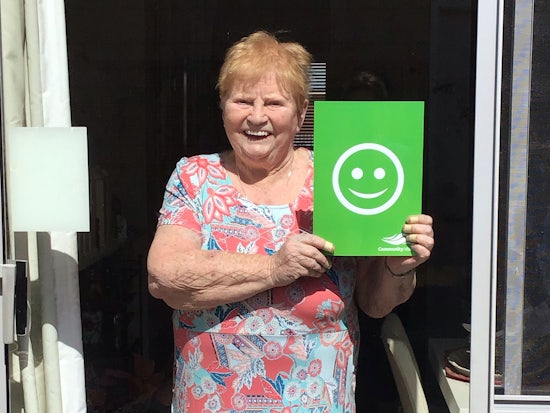 <p>Community Vision introduced “I’m OK cards” with one side of the card coloured green with a happy face and the other side coloured red with a sad face. [Source: Community Vision]</p>
