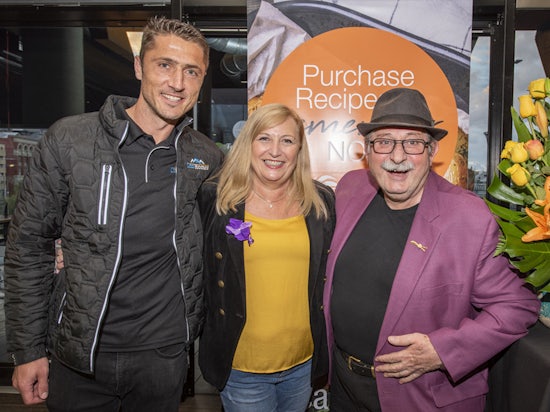 <p>At the recipe book launch is Perth Glory A-League soccer club, Dino Djulbic; CEO of Community Vision, Michelle Jenkins; and Perth celebrity butcher, Vince Garreffa. [Source: Community Vision]</p>
