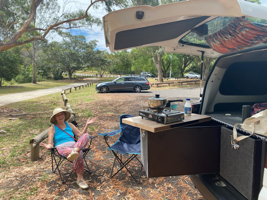 <p>Patti, Angels in Aprons client, on her mini camping trip with her Care Angel. [Source: Supplied]</p>
