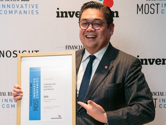 <p>Merlin Kong, Principal Advisor – Innovation at innovAGEING, accepts LASA’s certificate for making the AFR’s BOSS Top 50 most innovative companies in Australian and New Zealand. [Source: LASA]</p>
