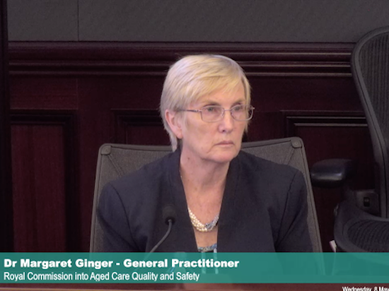 <p>Dr Margaret Ginger appeared on the stand for a case study and admitted regretting a decision she made to prescribe psychotropic drugs to a resident. [Source: Royal Commission into Aged Care]. </p>
