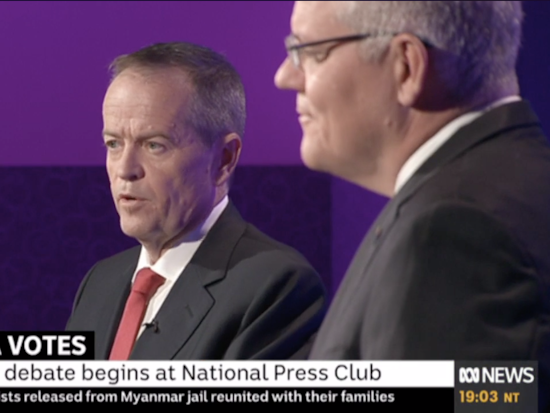 <p>Australian Labor Party Leader, Bill Shorten, and current Prime Minister, Scott Morrison, went head to head in a Leader’s Debate on May 8. [Source: ABC Facebook livestream].</p>
