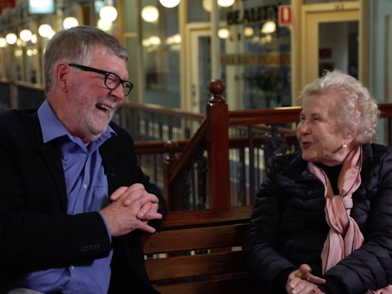 <p>Bob Byrne chatting with Suzette for the HenderCare memory video series. [Source: HenderCare].</p>
