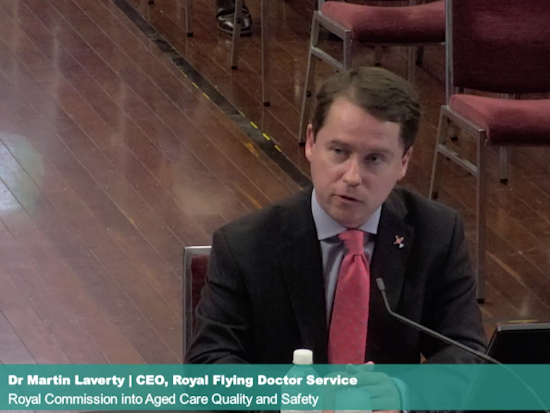 <p>Dr Martin Laverty, CEO of Royal Flying Doctor Service, stated his belief that primary care is failing older Australians in remote areas. [Source: Aged Care Royal Commission]</p>
