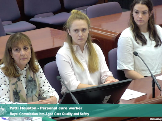 <p>Patti Houston, Personal Care Worker; Anna Urwin, Physio; and Emma-Kaitlin Murphy, Registered Nurse, all gave evidence on a panel talking about person centred care. [Source: Aged Care Royal Commission]</p>
