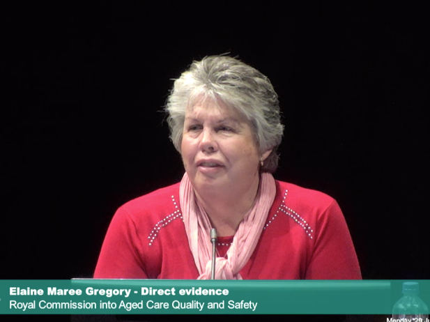 <p>First witness in Mildura, Victoria, Elaine Maree Gregory, explained her struggle with caring for her mother full time to the Commissioners. [Source: Aged Care Royal Commission]</p>
