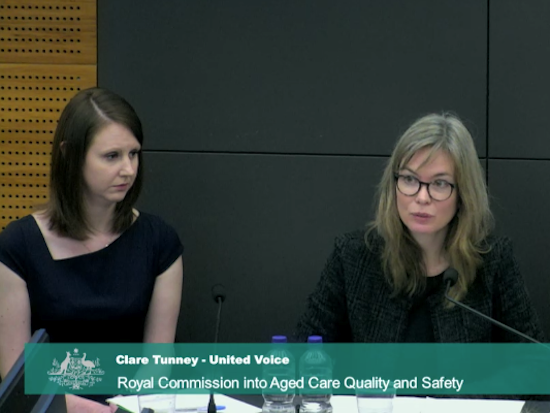 <p>Industry peak bodies and unions panel on the third day of hearings: Jenny Field from LASA and Clare Tunny from United Voice. [Source: Aged Care Royal Commission]</p>
