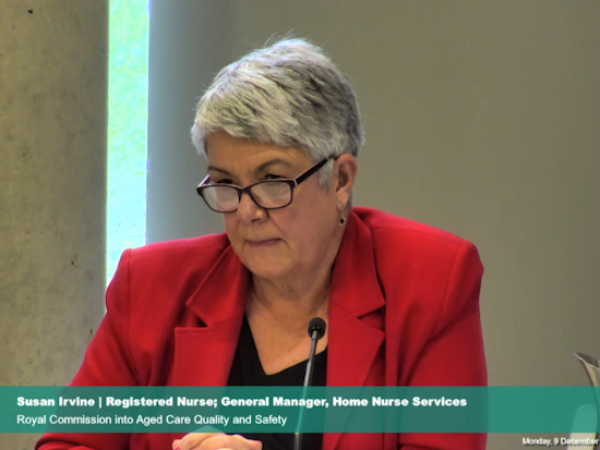 <p>Susan Irvine, Registered Nurse and General Manager of Home Nurse Services, appeared on a panel for the Commission to talk about better practice in aged care. [Source: Aged Care Royal Commission]</p>
