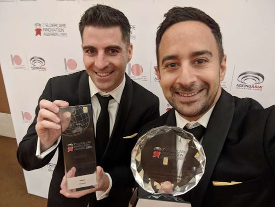 <p>Winning Australian aged care company, hayylo co-founders, Simon Heaysman and Greg Satur, at the seventh Asia Pacific Eldercare Innovation Awards in Singapore. [Source: hayylo]</p>
